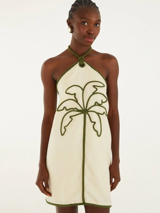 FARM Rio Dresses & Skirts - FARM RIO Palm Tree Embroidered Halter Neck Mini Dress - NWT - Size Small